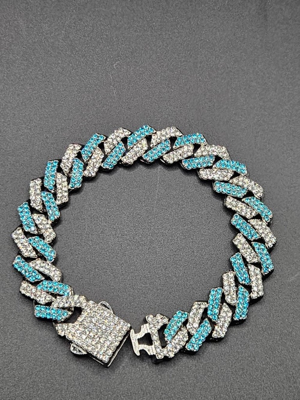 Silver over stainless steel 13mm two tone blue 5A CZ cuban link bracelet 8in